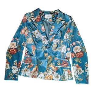 FuTario Womens Medium Teal Velvet Floral Blazer Vintage Tailored Jacket NWOT